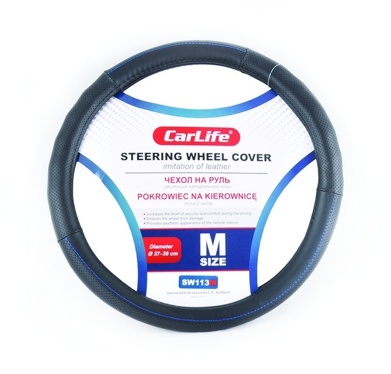Чехол на руль Carlife 37-39см, имитация кожи, черный с синей нитью SW113M CarLife Чехол на руль Carlife 37-39см, имитация кожи, черный с синей нитью SW113M CarLife